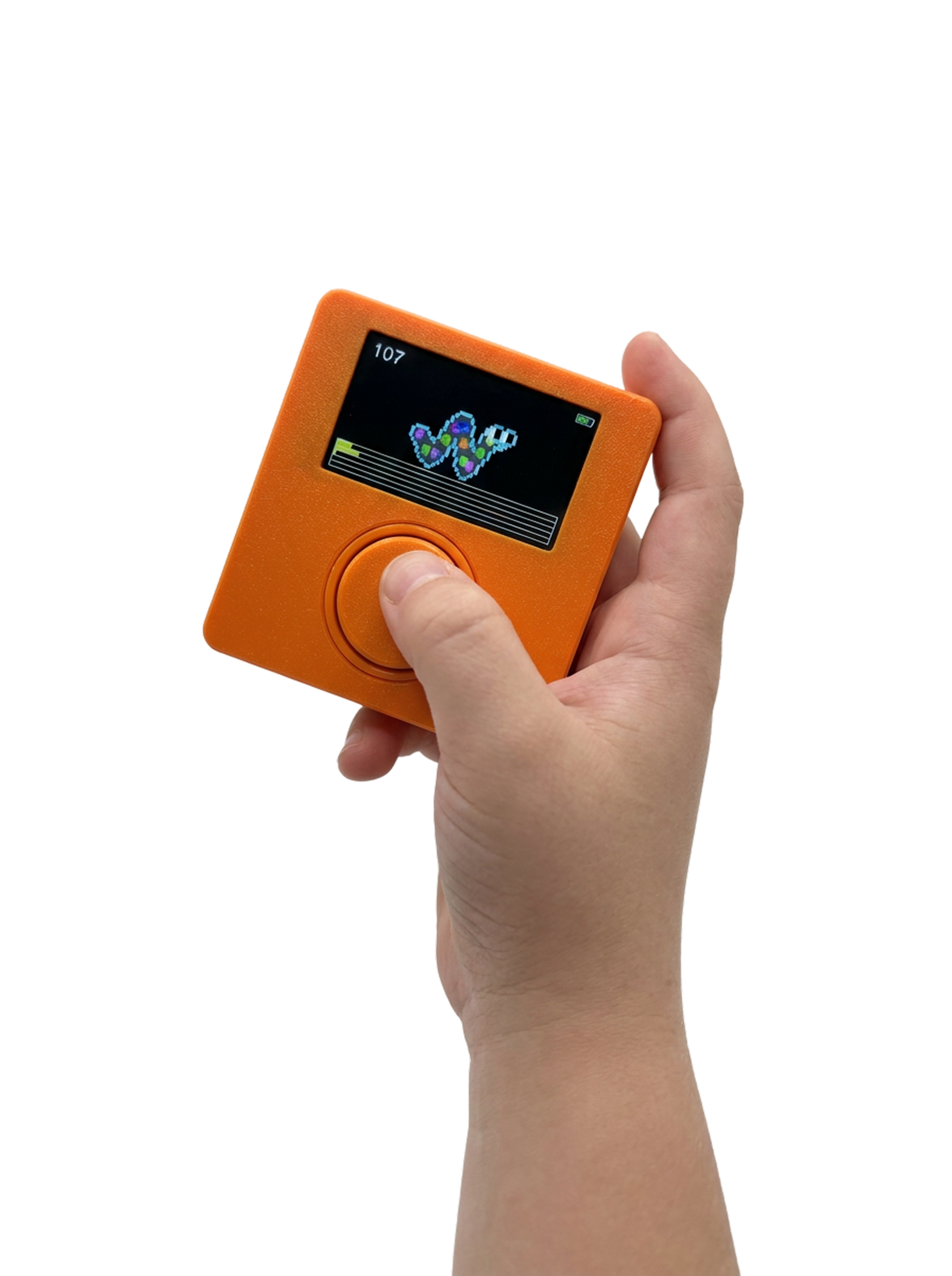 A hand holding an orange mio click device